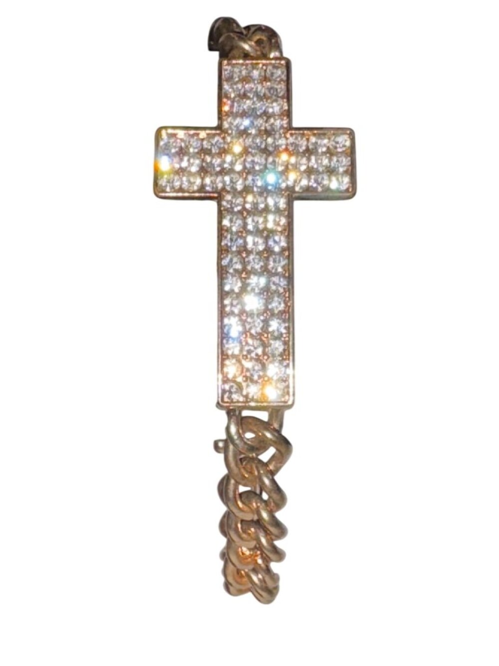 Gold-Tone Cross Pendant Bracelet With Rhinestones Chain Link Design Adjustable L
